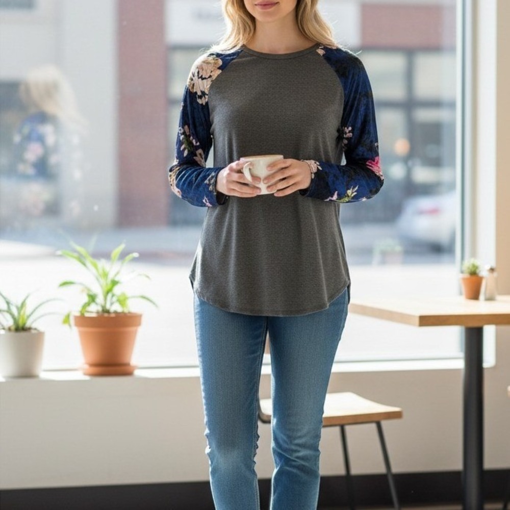 Top Girl LA Womens Floral Velvet Raglan Baseball Tee Grey Blue M*